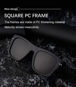 Detail of square matte black PC frame sunglasses on a textured stone background