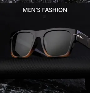 Detail of square polarized sunglasses with amber gradient frame and metal arrow decor