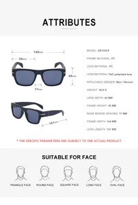 Detailed size specifications for square polarized sunglasses with PC frame and dimensions