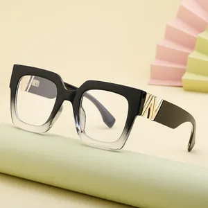 Fashionable square frame sunglasses with black gradient lenses and golden V metal decor