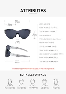 Detailed size chart for rimless outdoor sport sunglasses showing lens and frame dimensions