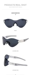 Drei Ansichten der grauen Oversize-Einteiler-Sonnenbrille mit silbernen Akzenten