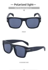 Front and 45-degree side views of matte black polarized sunglasses with gray lenses