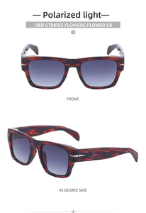 Macro view of polarized sunglasses with red striped frames and gradient grey lenses