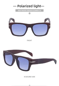 Macro view of polarized lenses and red wood grain frame details on square sunglasses