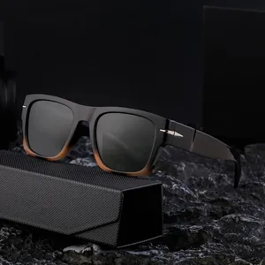 Polarized square sunglasses with gradient frames and luxury textured case on dark rock