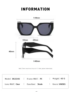 Detailed size specifications for cat eye sunglasses with frame dimensions and PC material info