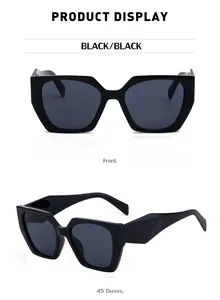 Detailed front and 45-degree angle views of stylish black polygon cat-eye sunglasses