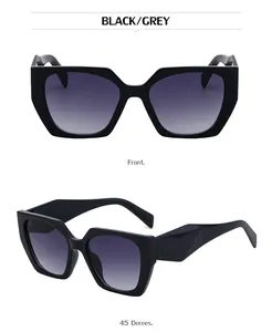 Detailed front and 45-degree angle view of black geometric cat-eye sunglasses with wide temples