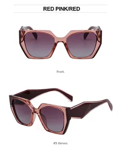 Front and 45-degree angle views of geometric cat-eye sunglasses with red frames
