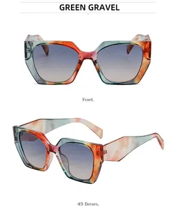 Front and 45-degree views of cat eye sunglasses with green gravel pattern frames
