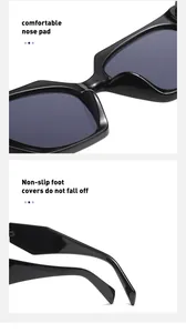 Detail of comfortable nose pads and non-slip foot covers on black cat eye sunglasses