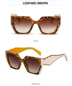 Front and side view of leopard print cat-eye sunglasses with gradient brown lenses