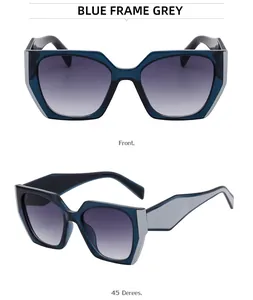 Close-up of blue transparent cat-eye sunglasses with wide temples and gradient lenses