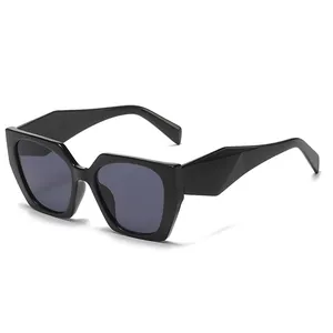 Fashionable black geometric cat eye sunglasses with thick frames and dark lenses