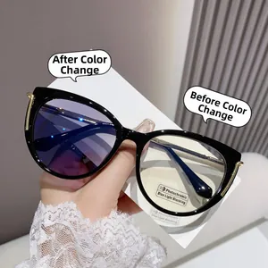 Detail of cat-eye frames showing photochromic lenses changing color under light