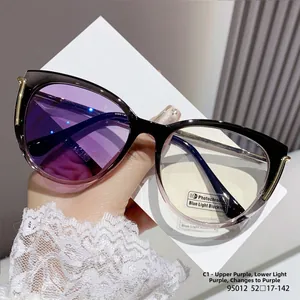 Detail of cat-eye glasses frame with purple gradient finish and golden metal hinges