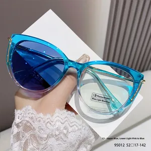 Detailed shot of cat-eye frames with blue to pink gradient and photochromic lenses