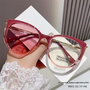Detail view of cat eye photochromic glasses frame with pink gradient and gold metal temples