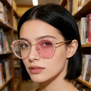 Détail de lunettes rondes marbrées roses avec branches en métal doré et verres roses