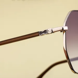 Détail de lunettes de soleil avec charnières dorées et verres dégradés bruns