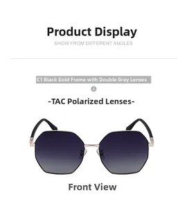 Détail des lunettes de soleil géométriques C1 noir et or avec verres polarisés TAC gris