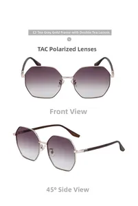 Détails de lunettes de soleil octogonales polarisées avec verres thé et monture dorée