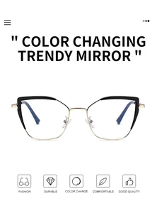 Detailed view of cat-eye metal frame with photochromic lenses and blue light blocking
