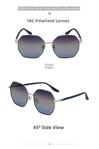 Détail des lunettes de soleil polarisées octogonales argentées avec verres dégradés bleus