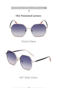 Vues de face et à 45 degrés de lunettes de soleil polarisées avec verres dégradés bleu-rose et or
