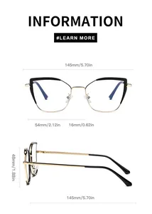 Detailed size specifications and dimensions of the cat eye blue light glasses frame