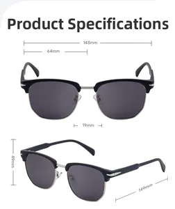 Dimensions détaillées pour lunettes de soleil polarisées carrées aux verres gris