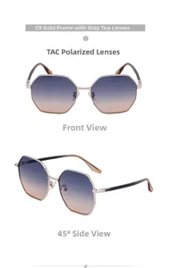 Vues détaillées de lunettes de soleil polarisées à monture dorée et verres dégradés gris-thé