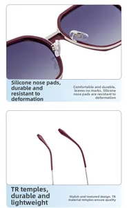 Detail of soft silicone nose pads and lightweight TR temples on wine red sunglasses