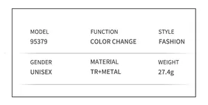 Detailed technical specifications for cat-eye frames including TR metal and color change features