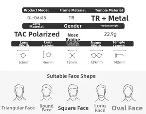 Detailed size chart and technical specifications for polarized cat-eye sunglasses