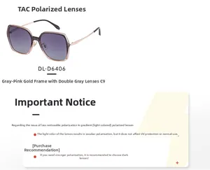 Detail view of square polarized sunglasses with grey-pink gold frame and gradient lenses