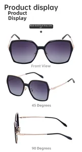 Three-angle view of square polarized sunglasses with black frames and gold metal temples