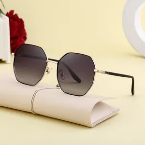 Lunettes de soleil polarisées polygonales avec verres dégradés et étui en cuir