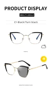 Detail of cat-eye metal glasses frame showing photochromic lens change from clear to black
