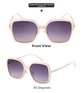 Beige gold square sunglasses with tea pink gradient lenses shown in front and side views