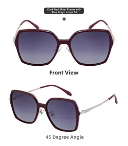 Front and 45-degree angle detail of square dark red frames with blue gradient lenses