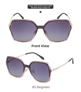 Detail view of square gradient gray-purple polarized sunglasses with gray-pink frames