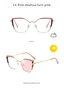 Detailed comparison of cat-eye glasses showing photochromic transition from clear to pink lenses