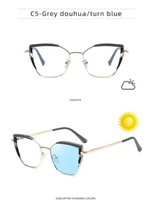 Cat eye glasses frame with grey tortoiseshell pattern and light-responsive blue lenses