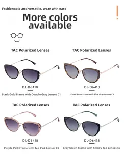 Detail view of cat-eye sunglasses featuring polarized TAC lenses in multiple frame colors