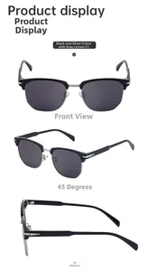 Trois vues de lunettes de soleil polarisées noir et argent avec monture demi-cerclée