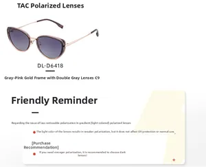 Detailed view of cat eye polarized sunglasses with gray pink gold frame and TAC lenses