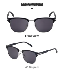 Vue de face et à 45 degrés des lunettes de soleil polarisées carrées demi-cerclées homme