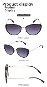 Detailed three-way view of cat eye sunglasses with black gold frames and gray lenses